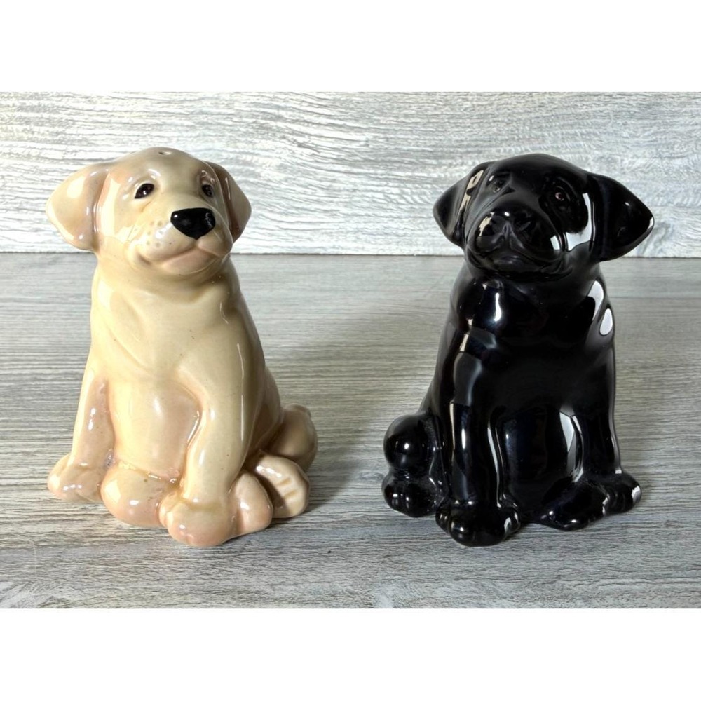 Ceramic Yellow & Black Labrador Retriever Salt & Pepper Shakers Lab Puppies Dogs